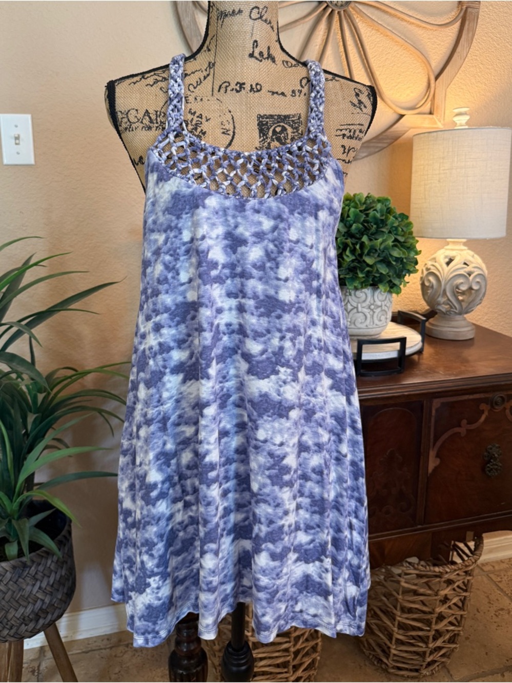 Billabong Crochet Yoke Tie-Dye Swing Tank Dress in Blue and White